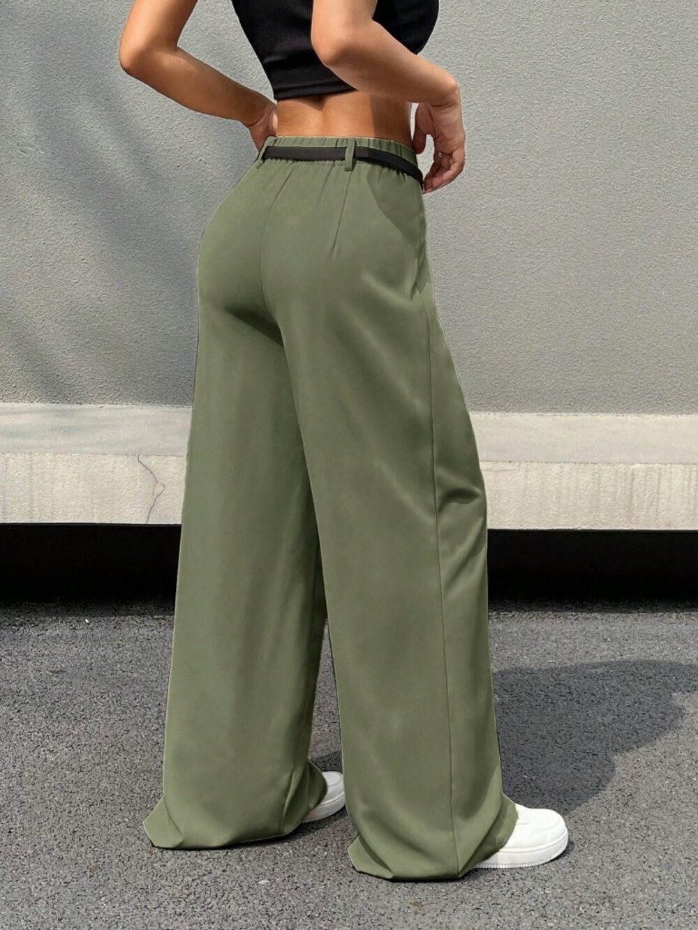 Green Casual Women's Zip Front Wide Leg Pants - Picture 2 of 6